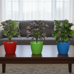 Round Pot with Artificial Plants – 4.5 Inch | Colorful Decorative Plant Set (Red, Blue & Green Pots) | Pack of 3