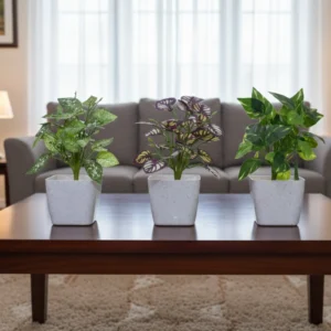 Marble Square Pot with Artificial Plants – 4.5 Inch | Premium Marble Finish | Home & Office Decorative Faux Plants | Pack of 3