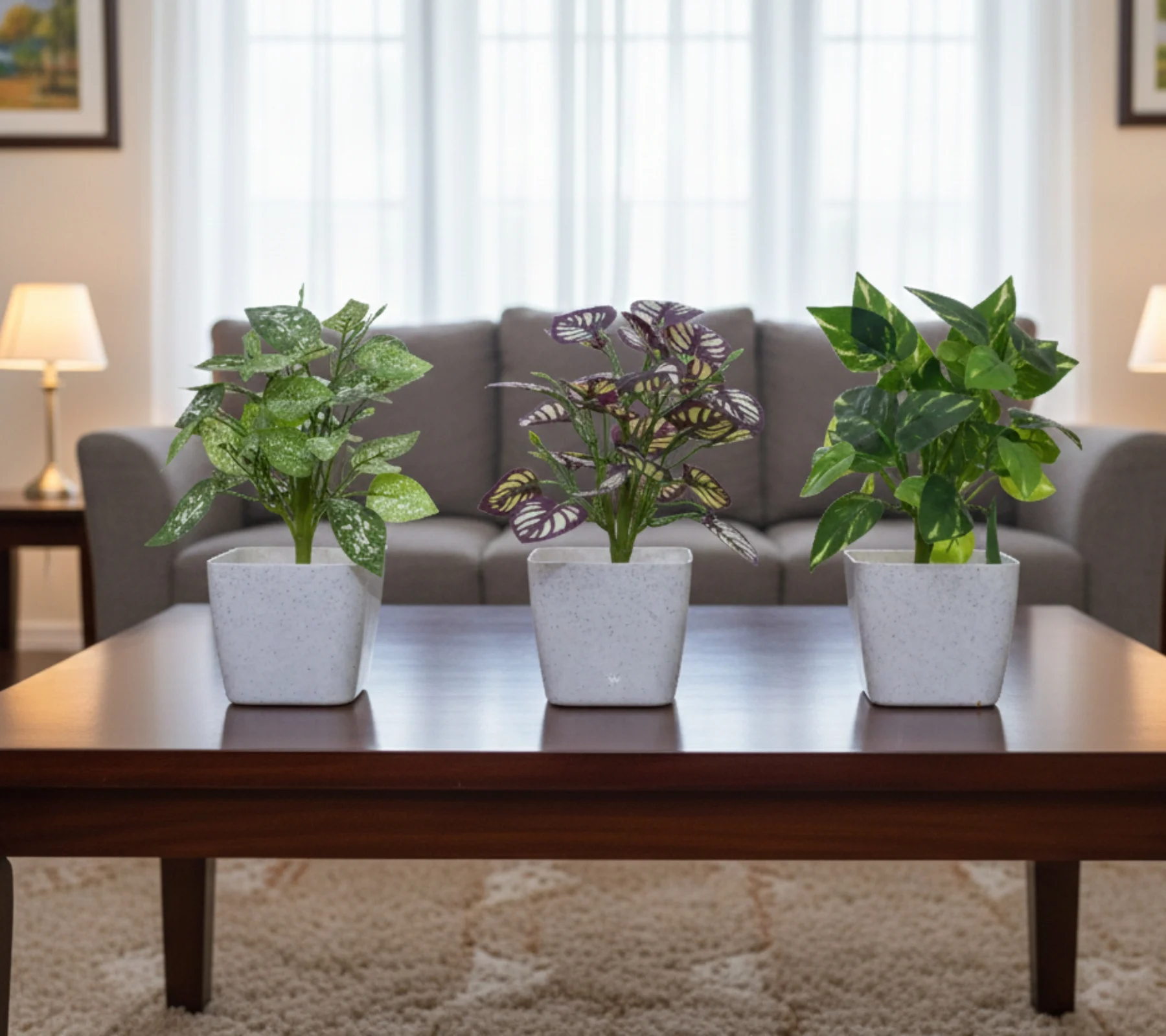 Marble Square Pot with Artificial Plants – 4.5 Inch | Premium Marble Finish | Home & Office Decorative Faux Plants | Pack of 3