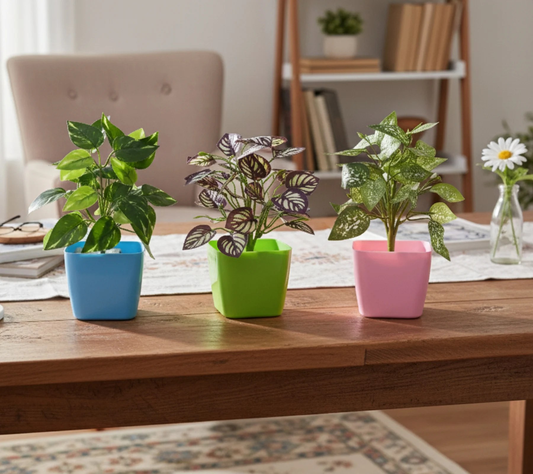 Square Pot with Artificial Plants – 4.5 Inch | Decorative Tabletop Artificial Plant Set | Pink, Blue & Green Pots | Pack of 3 - Image 6