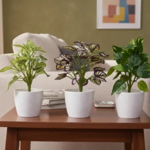 Marble Round Pot with Artificial Plant | Premium Home Decor (4.5 Inch, Pack of 3)