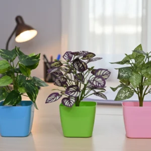 Square Pot with Artificial Plants – 4.5 Inch | Decorative Tabletop Artificial Plant Set | Pink, Blue & Green Pots | Pack of 3