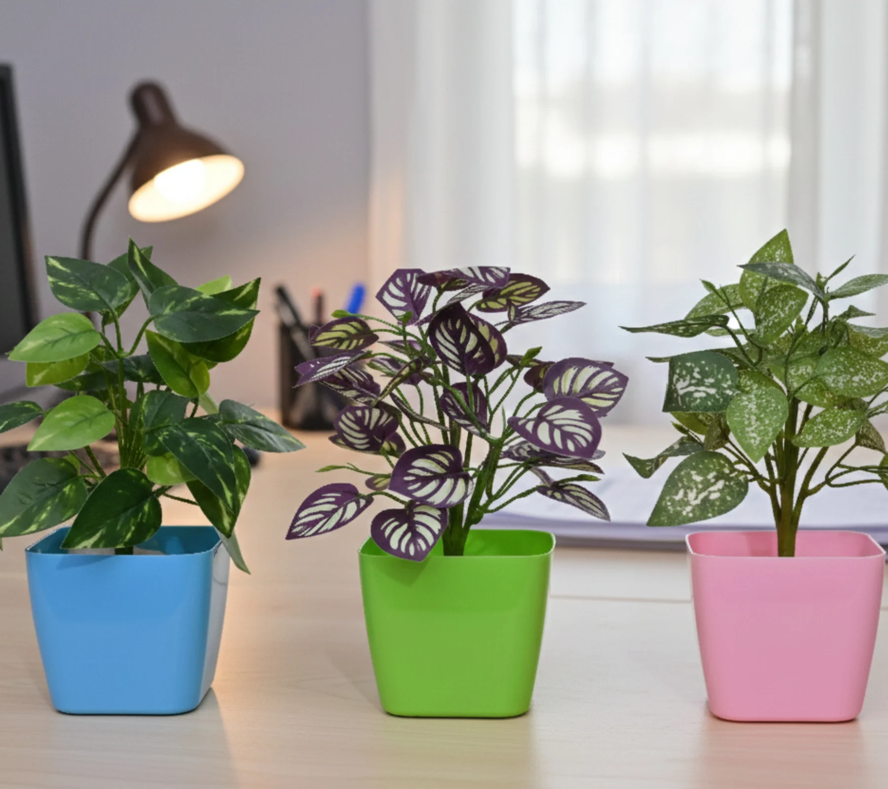 Square Pot with Artificial Plants – 4.5 Inch | Decorative Tabletop Artificial Plant Set | Pink, Blue & Green Pots | Pack of 3