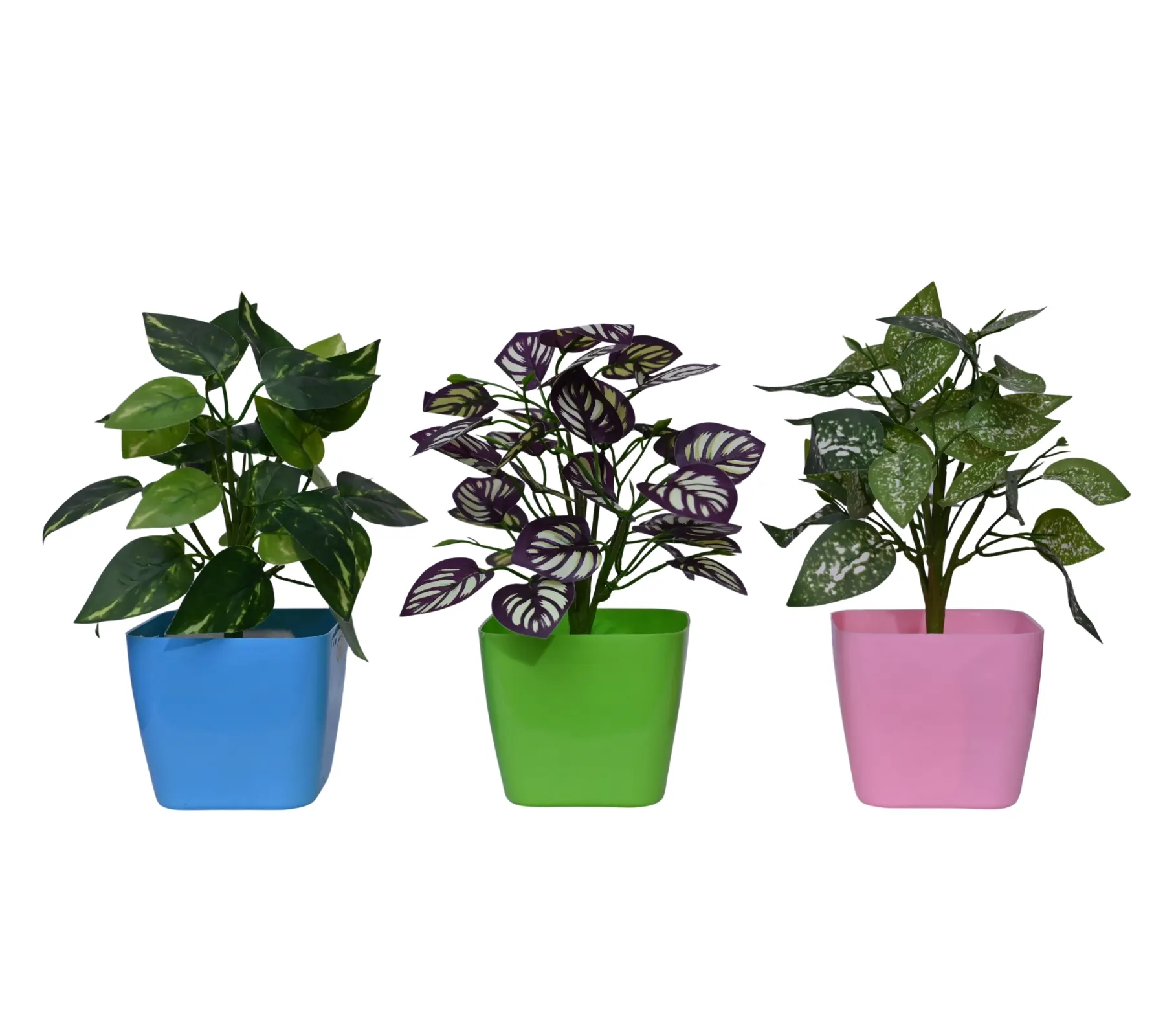 Square Pot with Artificial Plants – 4.5 Inch | Decorative Tabletop Artificial Plant Set | Pink, Blue & Green Pots | Pack of 3 - Image 2