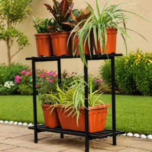 Garden Green Two-Step Tall Planter Stand, durable metal pot stand for indoor outdoor use, tall space-saving plant holder